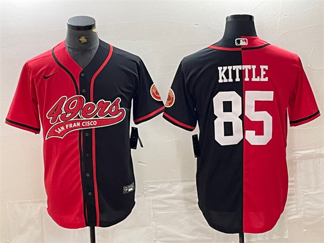 Men's San Francisco 49ers #85 George Kittle Red/Black Split With Patch Cool Base Stitched Baseball Jersey